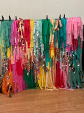 Load image into Gallery viewer, Custom Fringe Backdrop Anthropologie Party Anthro Inspired Party Layered Fringe Backdrop Modern Rainbow Party Colorful Party