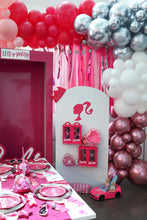 Load image into Gallery viewer, Barbie Girl Plastic Fringe Backdrop Plastic Tablecloth Fringe Backdrop "Wall", Flagtape Backdrop, Fringe Backdrop, Birthday, Party Theme,