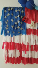 Load and play video in Gallery viewer, 4th of July American Flag Fringe Backdrop Wall on Plastic Fencing