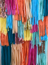 Load image into Gallery viewer, 4 Piece Tablecloth Fringe Backdrop Colorblock "Wall", Flagtape Backdrop, streamer wall Fringe Backdrop, Birthday, Party Theme, Customizable