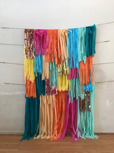 Load image into Gallery viewer, 4 Piece Tablecloth Fringe Backdrop Colorblock "Wall", Flagtape Backdrop, streamer wall Fringe Backdrop, Birthday, Party Theme, Customizable