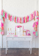 Load image into Gallery viewer, Fringe Banner, Party streamers, Tassle banner, party fringe, streamers, pom pom garland Pink, mint, hot pink, coral,gold Tissue Paper Tassel