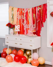 Load image into Gallery viewer, Valentine’s Day Tablecloth Fringe Backdrop, Flagtape Backdrop, Fringe Backdrop, Birthday, Party Theme