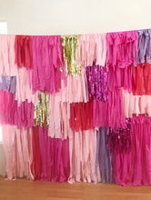 Load image into Gallery viewer, 4 Piece - 8 ft wide Tablecloth Fringe Backdrop Colorblock Fringe Tassel "Wall", Flagtape Backdrop, Fringe Backdrop, Birthday, Party Theme, C