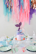 Load image into Gallery viewer, Mermaid Tablecloth Fringe Backdrop, Flagtape Backdrop, Fringe Backdrop, Birthday, Party Theme