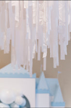Load image into Gallery viewer, Winter ONEderland Birthday Tablecloth Fringe Backdrop, Flagtape Backdrop, streamer wall  Fringe Backdrop, Birthday, Party Theme, Customizable