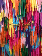 Load image into Gallery viewer, 8 strand -8ft Fringe Wall Plastic Tablecloth Fringe Backdrop, Vynl fringe, flag tape, flagging tape, photo backdrop, picture backdrop,