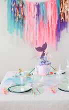 Load image into Gallery viewer, Mermaid Tablecloth Fringe Backdrop, Flagtape Backdrop, Fringe Backdrop, Birthday, Party Theme