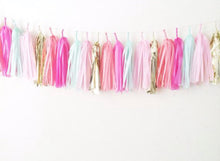 Load image into Gallery viewer, Fringe Banner, Party streamers, Tassle banner, party fringe, streamers, pom pom garland Pink, mint, hot pink, coral,gold Tissue Paper Tassel