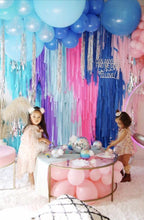 Load image into Gallery viewer, 4 strand - 8 feet Special Custom Plastic Tablecloth Fringe Backdrop, Vynl fringe, flag tape, flagging tape, photo backdrop, picture backdrop
