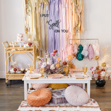 Load image into Gallery viewer, 2 Piece Tablecloth Fringe Backdrop "Wall", Flagtape Backdrop, Fringe Backdrop, Birthday, Party Theme, streamer wall  Customizable