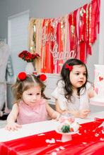 Load image into Gallery viewer, Valentine’s Day Tablecloth Fringe Backdrop, Flagtape Backdrop, Fringe Backdrop, Birthday, Party Theme