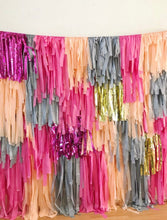 Load image into Gallery viewer, 4 Piece - 8 ft wide Tablecloth Fringe Backdrop Colorblock Fringe Tassel "Wall", Flagtape Backdrop, Fringe Backdrop, Birthday, Party Theme, C