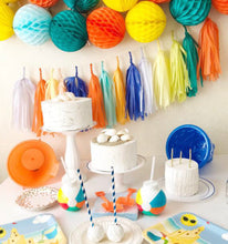 Load image into Gallery viewer, Tassle Banner Beach, Surf, Summer Tissue Garland| underwater, mermaid theme tissue banner, garland, orange, blue, birthday banner, party, st