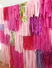 Load image into Gallery viewer, 4 Piece - 8 ft wide Tablecloth Fringe Backdrop Colorblock Fringe Tassel "Wall", Flagtape Backdrop, Fringe Backdrop, Birthday, Party Theme, C