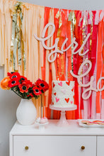 Load image into Gallery viewer, Valentine’s Day Tablecloth Fringe Backdrop, Flagtape Backdrop, Fringe Backdrop, Birthday, Party Theme