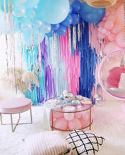 Load image into Gallery viewer, 4 strand - 8 feet Special Custom Plastic Tablecloth Fringe Backdrop, Vynl fringe, flag tape, flagging tape, photo backdrop, picture backdrop