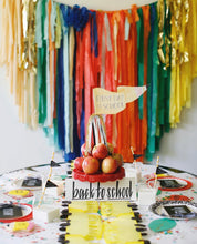 Load image into Gallery viewer, Back to School Plastic Fringe Backdrop Plastic Tablecloth Fringe Backdrop "Wall", Flagtape Backdrop, Fringe Backdrop, Birthday, Party Theme,