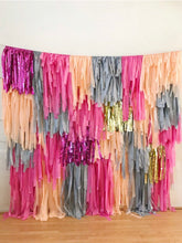 Load image into Gallery viewer, 4 Piece - 8 ft wide Tablecloth Fringe Backdrop Colorblock Fringe Tassel "Wall", Flagtape Backdrop, Fringe Backdrop, Birthday, Party Theme, C