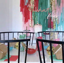 Load image into Gallery viewer, 2 Piece Tablecloth Fringe Backdrop "Wall", Flagtape Backdrop, Fringe Backdrop, Birthday, Party Theme, streamer wall  Customizable