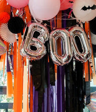 Load image into Gallery viewer, Plastic Tablecloth Fringe Backdrop, Vynl fringe, flag tape, flagging tape, photo backdrop, picture backdrop, Halloween, space, planet, theme