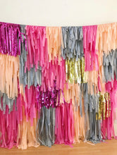Load image into Gallery viewer, 4 Piece - 8 ft wide Tablecloth Fringe Backdrop Colorblock Fringe Tassel "Wall", Flagtape Backdrop, Fringe Backdrop, Birthday, Party Theme, C