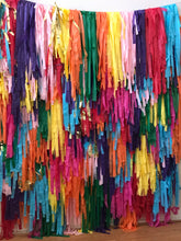 Load image into Gallery viewer, 8 strand -8ft Fringe Wall Plastic Tablecloth Fringe Backdrop, Vynl fringe, flag tape, flagging tape, photo backdrop, picture backdrop,