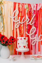 Load image into Gallery viewer, Valentine’s Day Tablecloth Fringe Backdrop, Flagtape Backdrop, Fringe Backdrop, Birthday, Party Theme