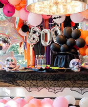 Load image into Gallery viewer, Plastic Tablecloth Fringe Backdrop, Vynl fringe, flag tape, flagging tape, photo backdrop, picture backdrop, Halloween, space, planet, theme