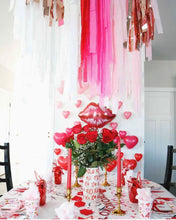 Load image into Gallery viewer, Valentine’s Day Tablecloth Fringe Backdrop, Flagtape Backdrop, Fringe Backdrop, Birthday, Party Theme