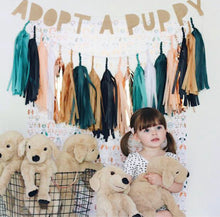 Load image into Gallery viewer, Tissue Paper Tassel Garland, Fully Assembled. 20 pieces on a rope, puppy dog party, Mylar tassels Garland tassle, table decor, banner