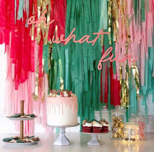 Load image into Gallery viewer, 2 Piece Tablecloth Fringe Backdrop "Wall", Flagtape Backdrop, Fringe Backdrop, Birthday, Party Theme, streamer wall  Customizable