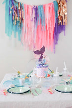 Load image into Gallery viewer, Mermaid Tablecloth Fringe Backdrop, Flagtape Backdrop, Fringe Backdrop, Birthday, Party Theme