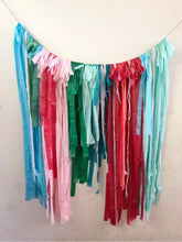 Load image into Gallery viewer, 4ft x 4ft Christmas Tablecloth Fringe Backdrop, Flagtape Backdrop, streamer wall  Fringe Backdrop, Birthday, Party Theme, Customizable