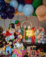 Load image into Gallery viewer, 4ft x 4ft Christmas Tablecloth Fringe Backdrop, Flagtape Backdrop, streamer wall  Fringe Backdrop, Birthday, Party Theme, Customizable