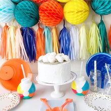Load image into Gallery viewer, Tassle Banner Beach, Surf, Summer Tissue Garland| underwater, mermaid theme tissue banner, garland, orange, blue, birthday banner, party, st