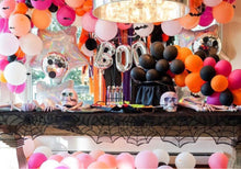 Load image into Gallery viewer, Plastic Tablecloth Fringe Backdrop, Vynl fringe, flag tape, flagging tape, photo backdrop, picture backdrop, Halloween, space, planet, theme