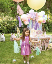 Load image into Gallery viewer, 5 strand plastic fringe backdrop, party steamers, plastic streamers, unicorn theme party backdrop, plastic fringe, tablecloth fringe