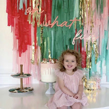Load image into Gallery viewer, 2 Piece Tablecloth Fringe Backdrop "Wall", Flagtape Backdrop, Fringe Backdrop, Birthday, Party Theme, streamer wall  Customizable