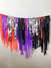 Load image into Gallery viewer, Plastic Tablecloth Fringe Backdrop, Vynl fringe, flag tape, flagging tape, photo backdrop, picture backdrop, Halloween, space, planet, theme