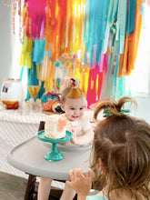 Load image into Gallery viewer, 4 Piece Tablecloth Fringe Backdrop Colorblock "Wall", Flagtape Backdrop, streamer wall Fringe Backdrop, Birthday, Party Theme, Customizable