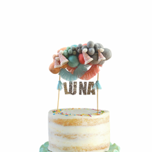 Load image into Gallery viewer, Blue Dog Theme Felt Ball Personalized Wool Ball Cake Topper with Fringe
