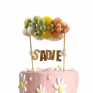Daisy Felt Ball Personalized Wool Ball Cake Topper with Fringe