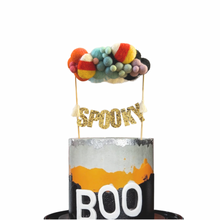 Load image into Gallery viewer, Large with Candy Corn Accent Halloween Personalized Wool Ball Cake Topper with Fringe
