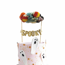 Load image into Gallery viewer, Large with Candy Corn Accent Halloween Personalized Wool Ball Cake Topper with Fringe
