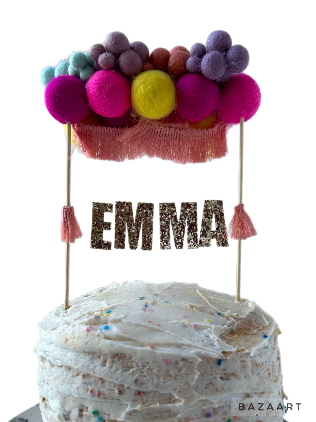 Personalized Wool Ball Cake Topper with Fringe