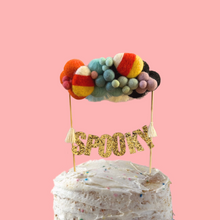 Load image into Gallery viewer, Large with Candy Corn Accent Halloween Personalized Wool Ball Cake Topper with Fringe
