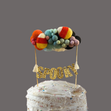 Load image into Gallery viewer, Large with Candy Corn Accent Halloween Personalized Wool Ball Cake Topper with Fringe
