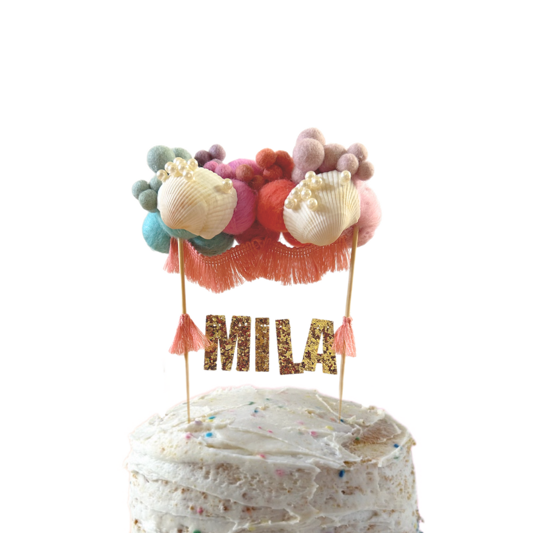 Mermaid with  Sea Shell Felt Ball Personalized Wool Ball Cake Topper with Fringe