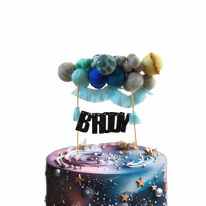 Outer Space Theme Planet Felt Ball Personalized Wool Ball Cake Topper with Fringe